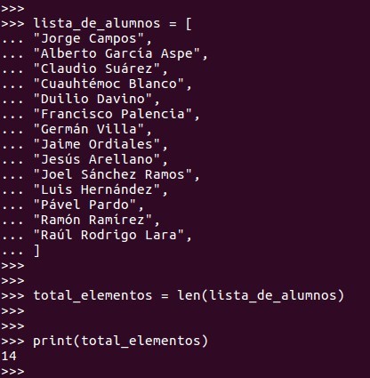 Para saber cuantos elementos integran la lista, utilizamos la función len(nombre_de_la_lista).