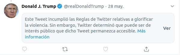 Twitter censura mensaje de Trump