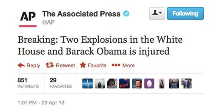 El 24 de abril del año 2013 la cuenta de la agencia de noticias Associated Press fue hackeada y publicaron un mensaje anunciando un ataque armado a la Casa Blanca
