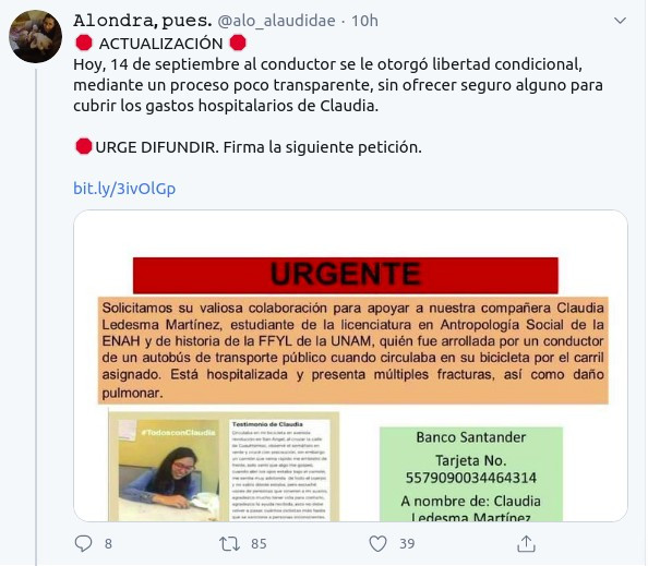 El conductor del autobús que atropelló a Claudia Ledesma salió libre sin siquiera pagar por los gastos médicos