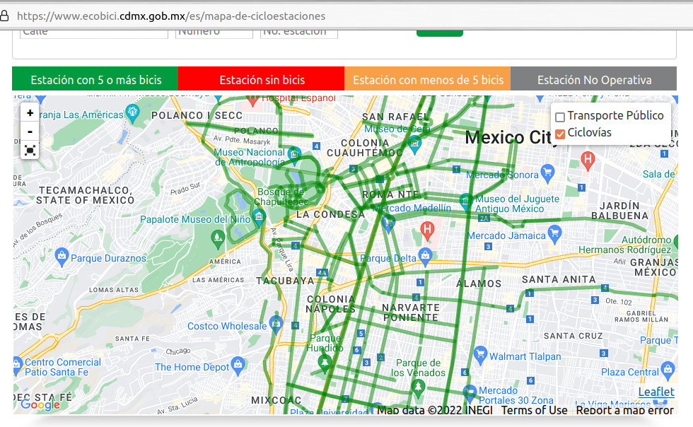 Al elegir la opción CICLOVIAS se muestra un mapa con las supuestas ciclovías / ciclopistas que existen en la Ciudad de México