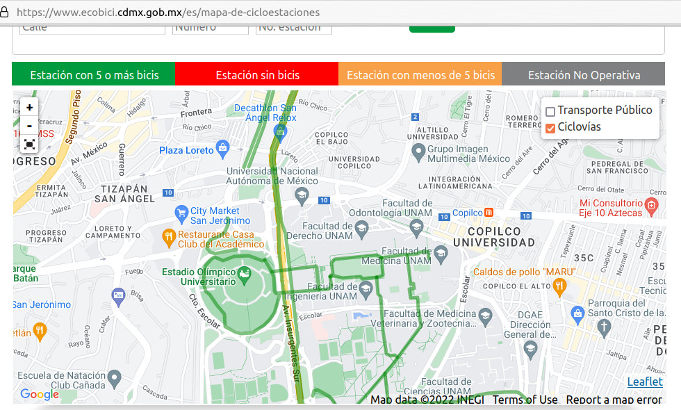 El mapa señala que en Avenida Insurgentes Sur, desde Eje 10 Sur hasta Villa Olímpica hay una ciclopista / ciclovía