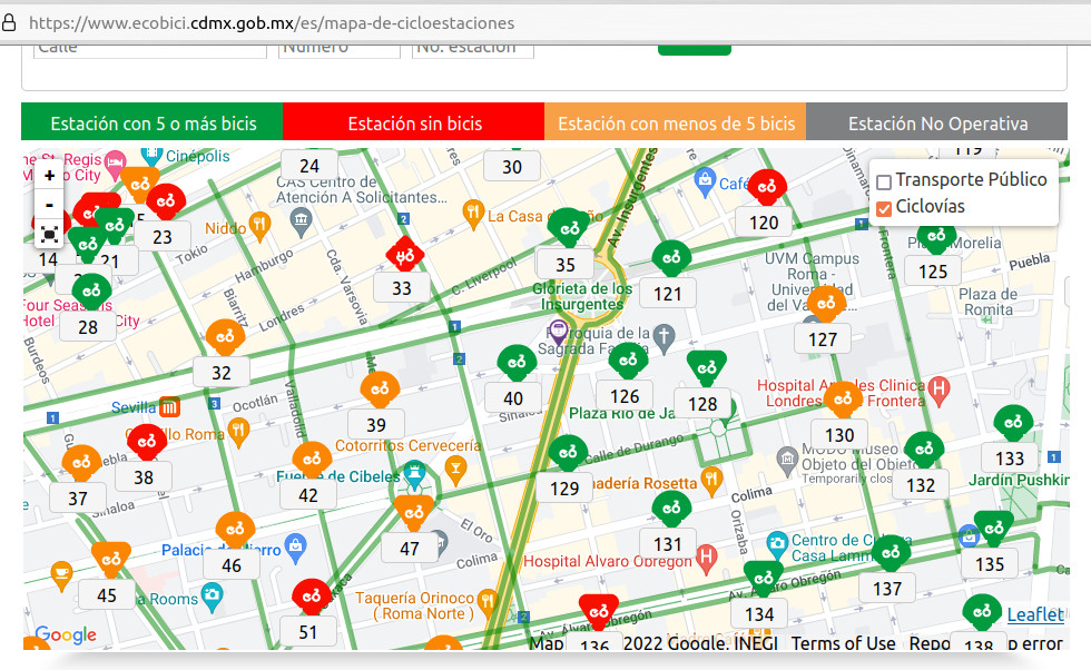 el mapa señala que en Avenida Insurgentes Centro, desde Paseo de la Reforma hasta Avenida Álvaro Obregón, hay una ciclopista / ciclovía