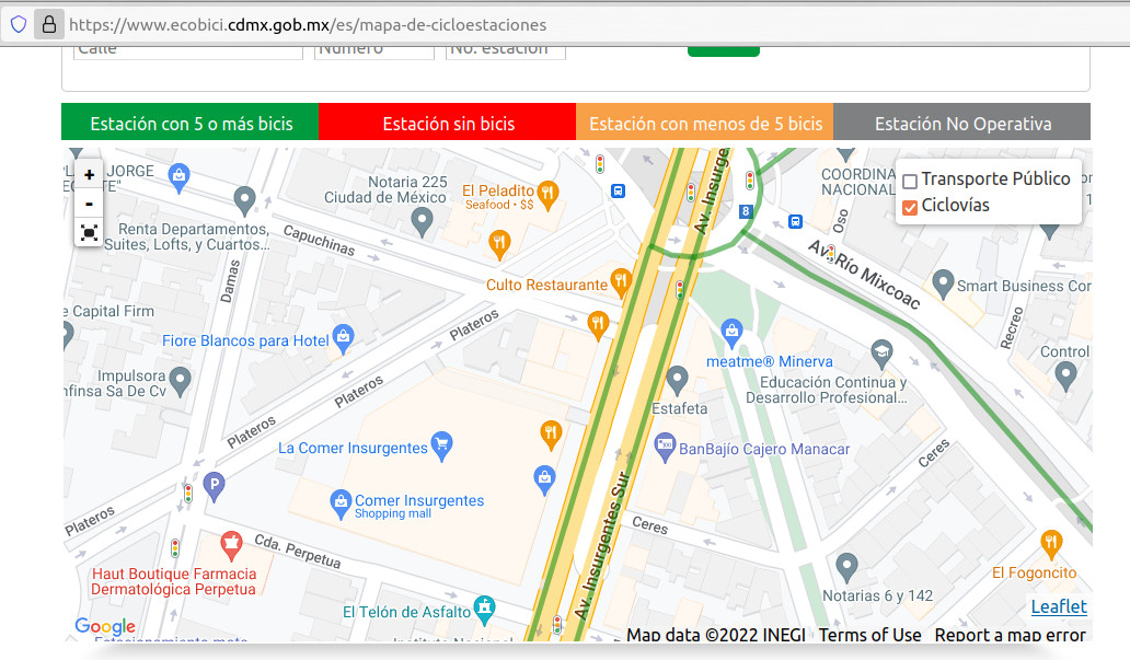 el mapa señala que en Avenida Insurgentes Sur, desde Avenida Río Mixcoac hasta la calle de Perpetua, hay una ciclopista / ciclovía