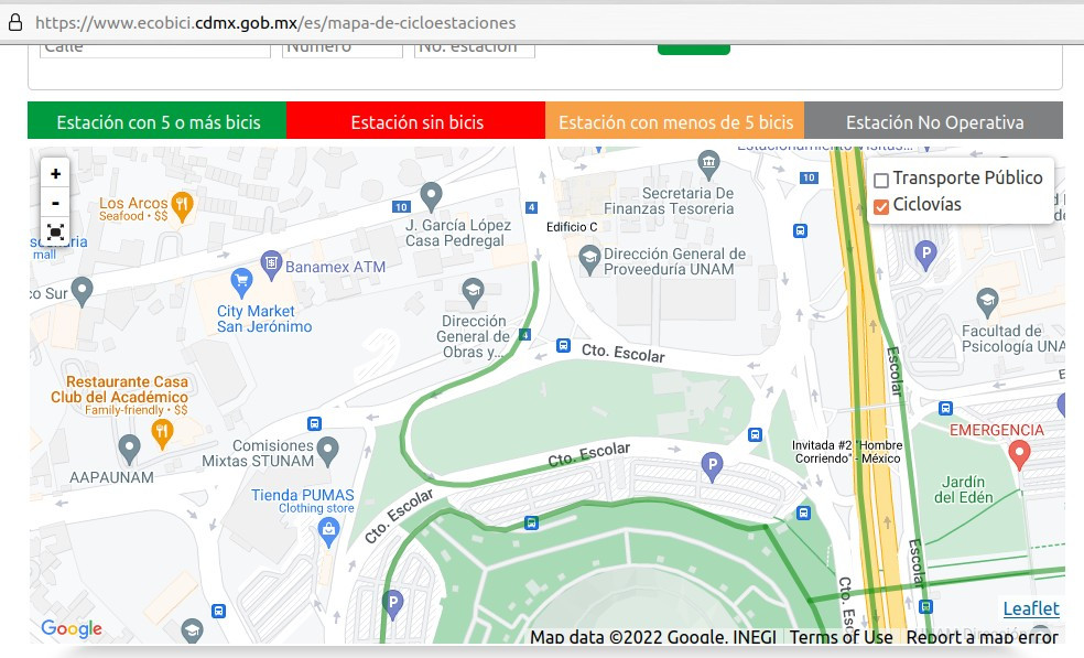 el mapa señala que en los alrededores de Ciudad Universitaria en la calle de Circuito Escolar hay una ciclopista / ciclovía...