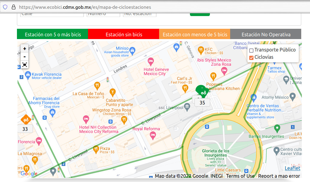 el mapa señala que en la calle de Liverpool en la Zona Rosa hay una ciclopista / ciclovía...