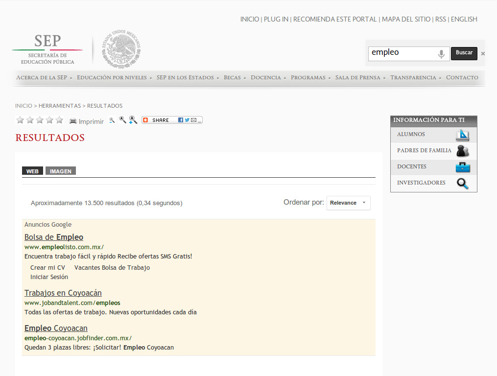 Publicidad de google adsense en sitios del Gobierno Federal de México