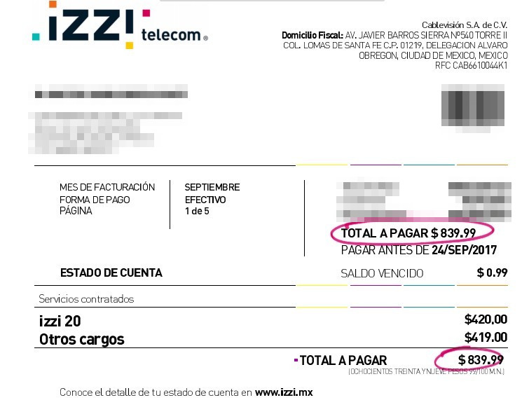 El Estado de cuenta de septiembre por 839.99 pesos