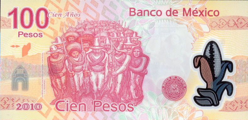 Reverso Billete de 100 pesos, conmemorativo del inicio de la Revolucion Mexicana 