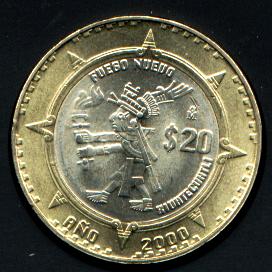 Moneda de 20 pesos Mexico Conmemorativa del Ano 2000 Huehuetecutli