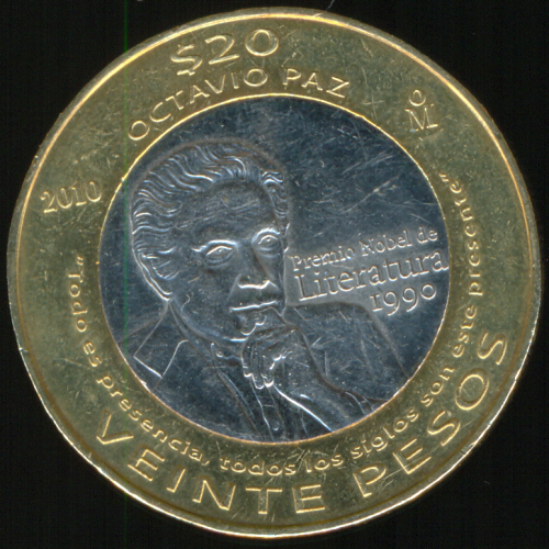 Moneda de 20 pesos conmemorativa del Premio Nobel otorgado a Octavio Paz 
