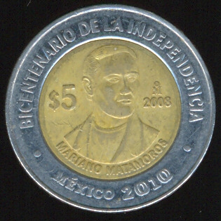 Mariano Matamoros Moneda 5 pesos bicentenario
