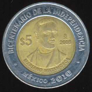 Mariano Matamoros Moneda 5 pesos bicentenario
