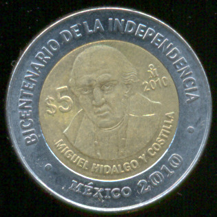 Miguel Hidalgo y Costilla Moneda 5 pesos bicentenario