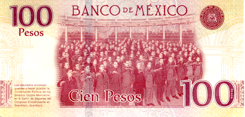 Reverso Billete de 100 pesos, conmemorativo del centenario de Constitución de 1917