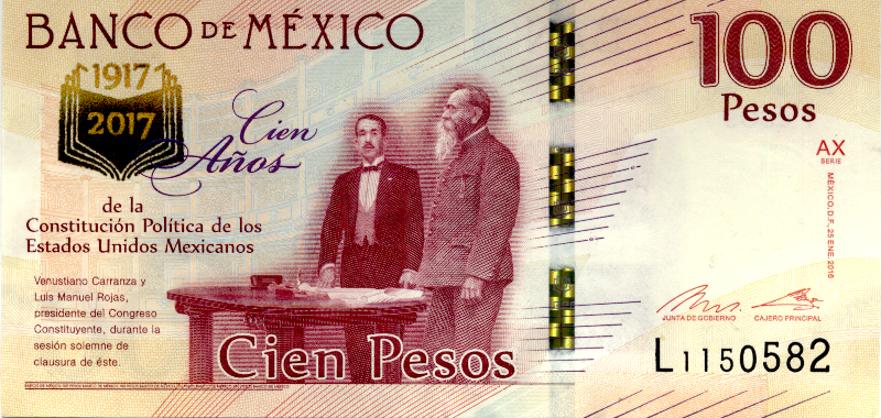 Anverso Billete de 100 pesos, conmemorativo del centenario de Constitución de 1917