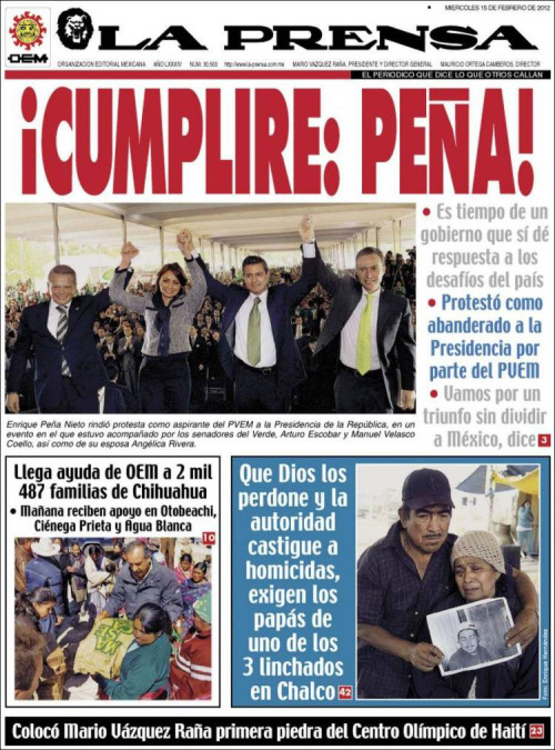 Portada del periodico la Prensa apoyando a Pena Nieto