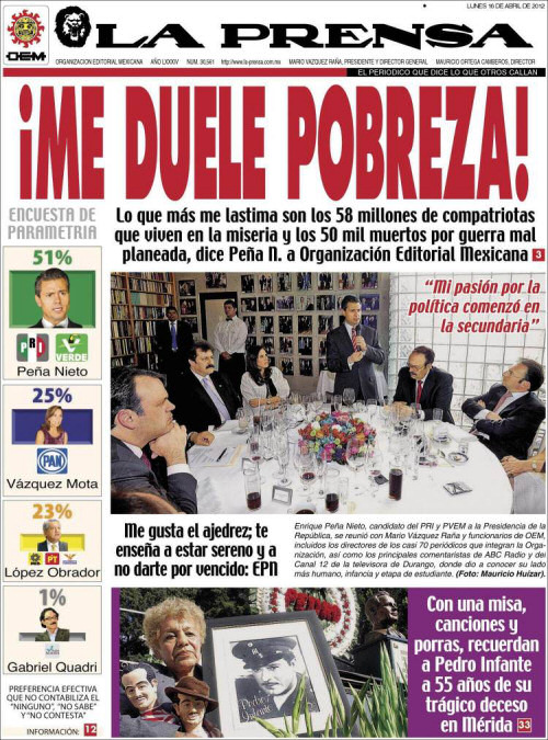 Portada del periodico la Prensa apoyando a Pena Nieto