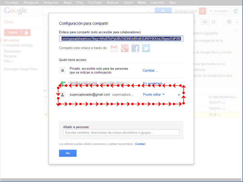 Modificar privilegios permisos de un archivo en google drive