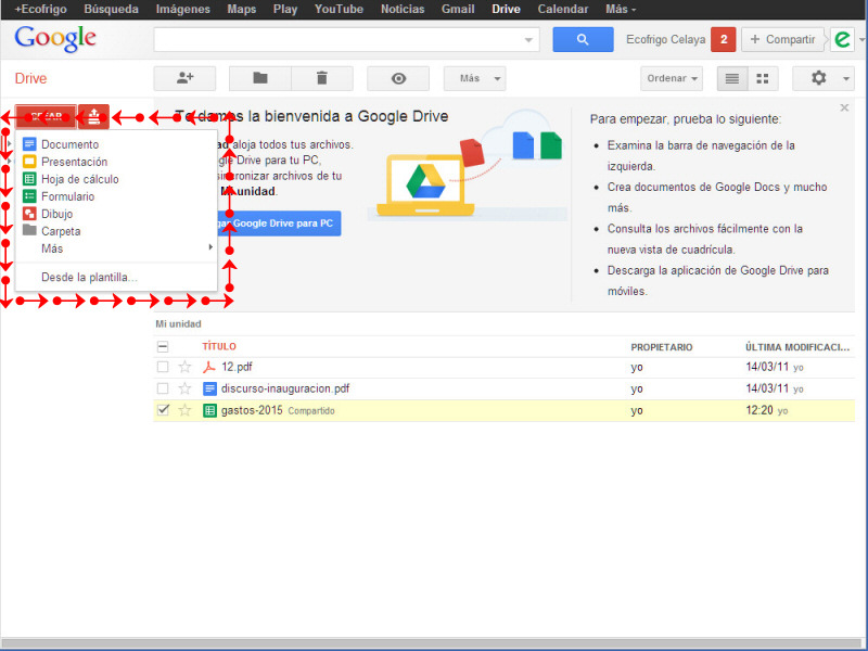 Google Drive Crear archivos de Hojas de calculo / Excel 