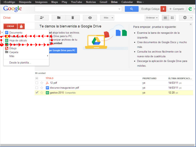 Google Drive Crear archivos de Hojas de calculo / Excel 