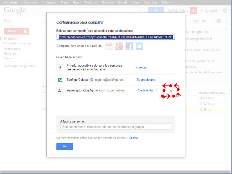 Modificar privilegios permisos de un archivo en google drive