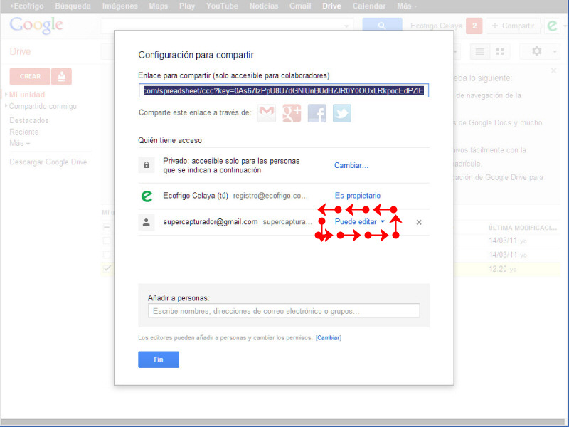 Modificar privilegios permisos de un archivo en google drive