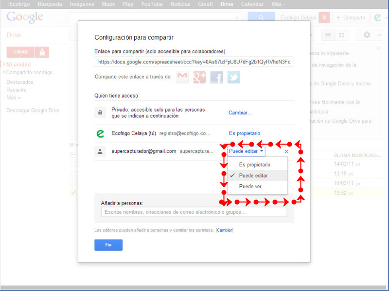 Modificar privilegios permisos de un archivo en google drive