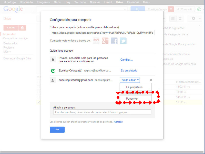 Modificar privilegios permisos de un archivo en google drive