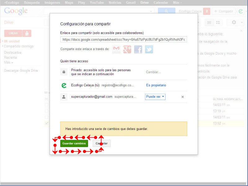 Modificar privilegios permisos de un archivo en google drive