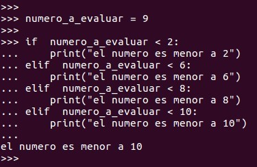 Podemos utilizar varios elif. Ejemplo cuando se cumple la cuarta condición