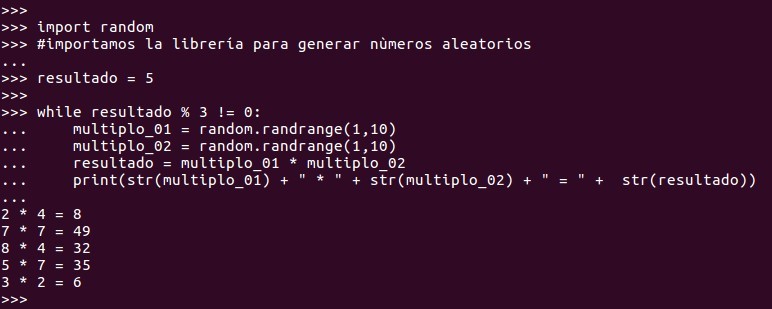 Usaremos while para realizar varias multiplicaciones con dos números al azar. Interrumpiremos las multiplicaciones cuando el resultado sea un número múltiplo de 3