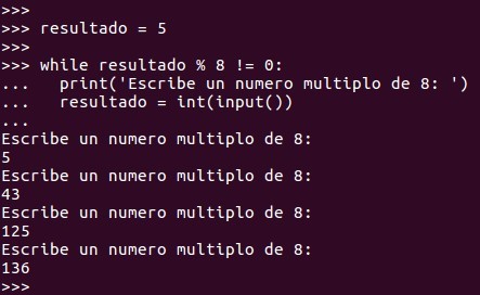 Usaremos while para solicitar al usuario escriba un número multiplo de 8. La petición se repetirá hasta el infinito de ser necesario hasta que el usuario escriba un número multiplo de 8.