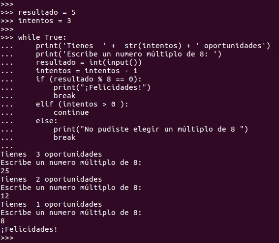 la combinación de while / continue / break para  limitar las veces en que se ejecute  una tarea, a pesar de que se cumpla o no la condición.