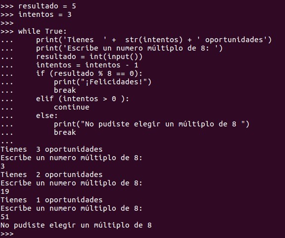 la combinación de while / continue / break para  limitar las veces en que se ejecute  una tarea, a pesar de que se cumpla o no la condición.