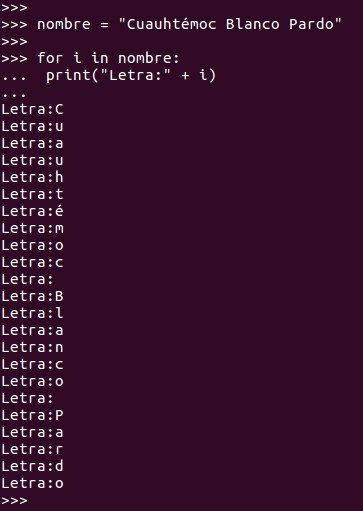 iteración utilizando for, caracter por caracter, de un string