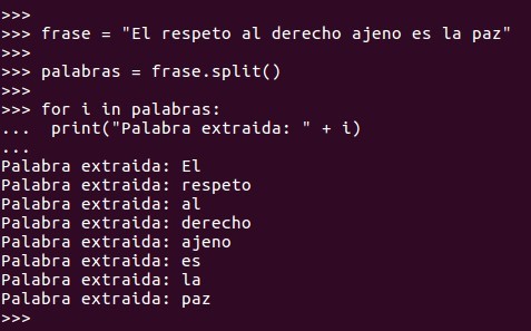 Con split() podemos partir un string palabra con palabra. El resultado es una lista.  Podemos hacer también una iteración en una lista. A continuación se muestra una iteración utilizando for, palabra por palabra, de un string