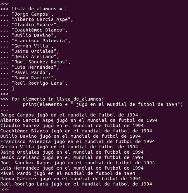 iteración de una list unidimensional utilizando for