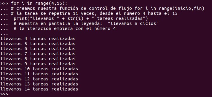 creamos nuestra función de control de flujo for i in range(inicio,fin)