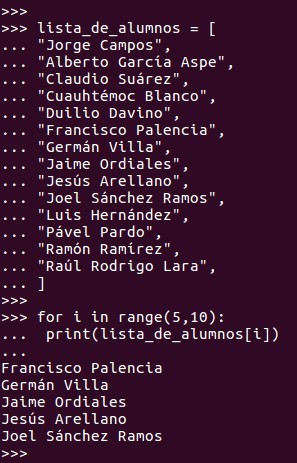 De la misma forma en una list podemos extraer los siguientes 5 registros con la función de control de flujo for i in range(inicio,fin)