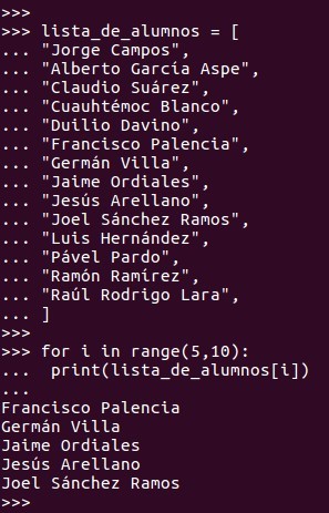 De la misma forma en una list podemos extraer los siguientes 5 registros con la función de control de flujo for i in range(inicio,fin)