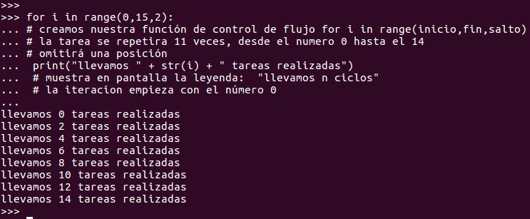 creamos nuestra función de control de flujo for i in range(inicio,fin,salto)