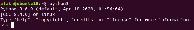 En ubuntu para iniciar python 3 utilizaremos  en la línea de comandos el comando python3