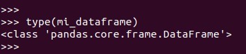 Podemos verificar que es un datraframe con el comando type(mi_dataframe)