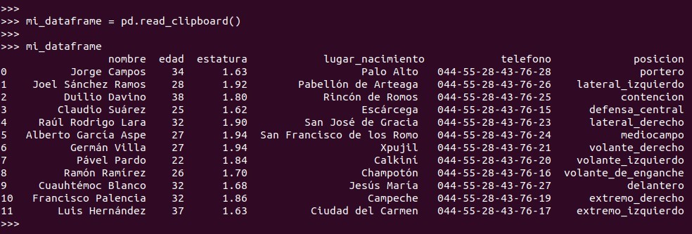 Python pandas: Copiar y pegar para crear un dataframe