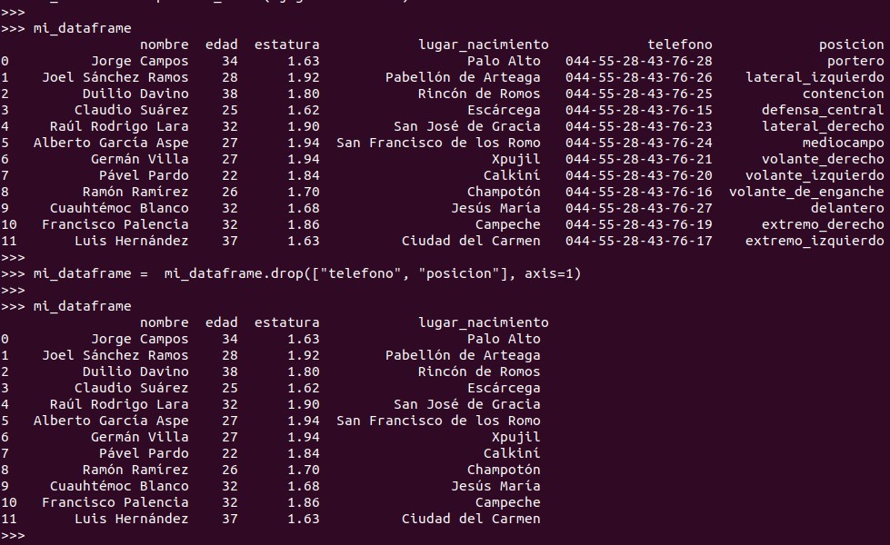 Python pandas: Otra manera de eliminar una columna es utilizar el parámetro columns