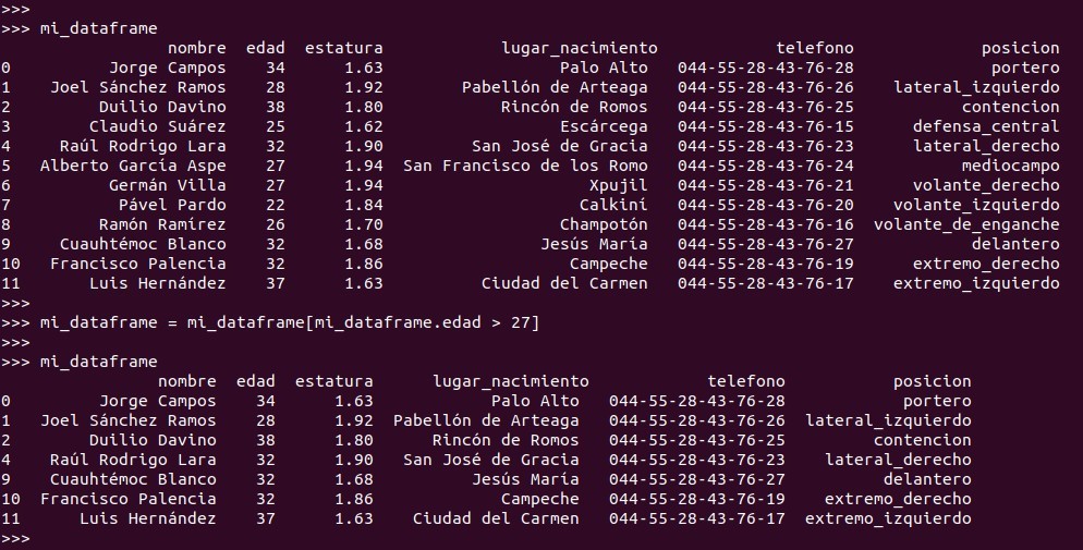 Python pandas: Ahora queremos eliminar a  todos los que tengan una edad menor de 27