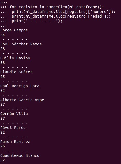 Python pandas: Haremos una iteración en el dataframe y mostraremos el nombre y la edad.