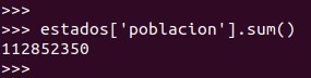 Python pandas: para sumar la columna población  de nuestro dataframe de ejemplo utilizaremos el comando sum()