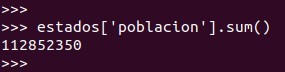 Python pandas: para sumar la columna población  de nuestro dataframe de ejemplo utilizaremos el comando sum()